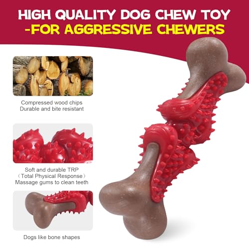 Durable Dog Chew Toys for Large Dogs - Tough Bone-Shaped Dental Chew with TPR Rubber & Wood Fiber, Teething & Aggressive Chewer Toys for Medium/Large Breed, Long-Lasting Teeth Cleaning 2 Pack set - color: Red&Green-2 Pack Set