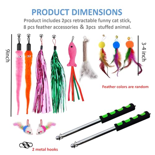 2pcs Retractable Cat Wand Toys,Cat Fishing Rod with 11pcs Cat Feather Toys Refills,Cat Toys Wand for Indoor Or Outdoor Cats.