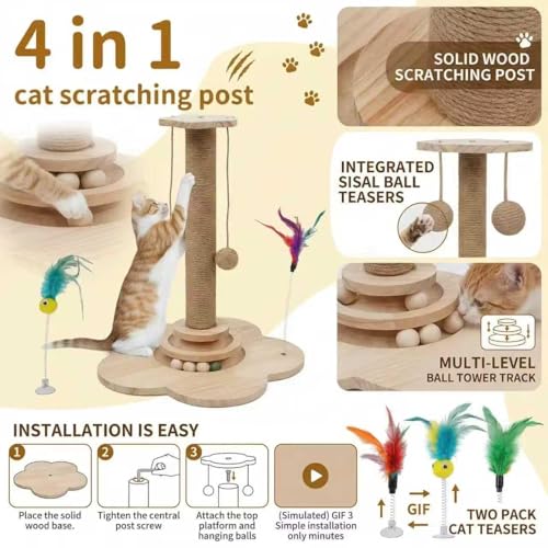 4-in-1 Wooden Cat Scratching Post for Kittens, Cat Tower for Indoor Cats - size: 11.8"L x 11.8"W x 3.1"H