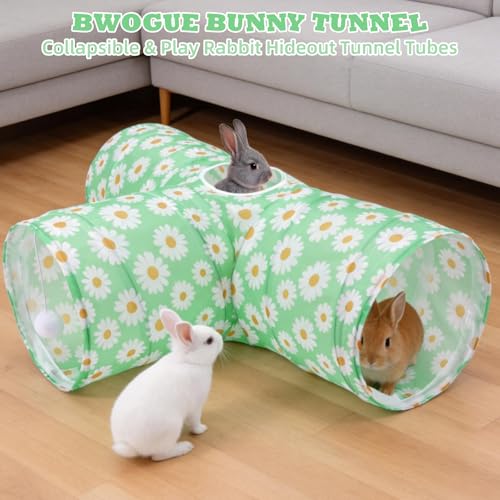 BWOGUE Bunny Tunnels & Tubes, 3-Way Collapsible Rabbit Hideout for Bunnies - color: Greenflower