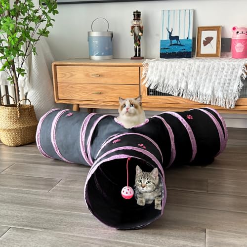 3-Way Collapsible Cat Tunnel Tube Toy Black Pink Paws - color: Black with Pink Paws