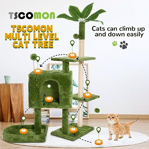 52" Cat Tree Cat Tower for Indoor Cats with Green Leaves, Multi-Level Cozy Plush Cat Condo Cat House Scratching Posts for All Breeds Sizes