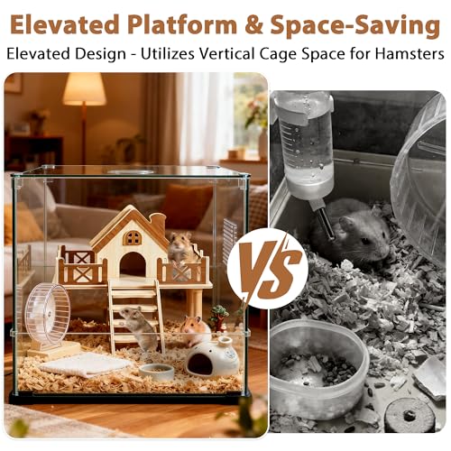 Wooden Hamster Platform and Cute Habitat House with Climbing Ladder - color: platform & house
