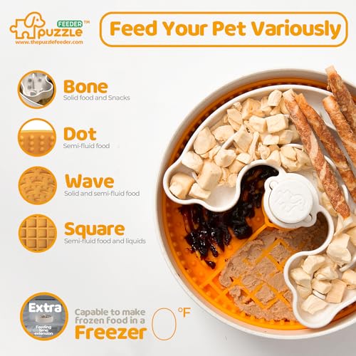 Puzzle Feeder Slow Feeder Dog Bowl with Lick Mat and Puzzle Inserts - Non-Slip Base, Adjustable Speed Design, Dishwasher Safe for Puppies, Orange - color: Orange, size: M