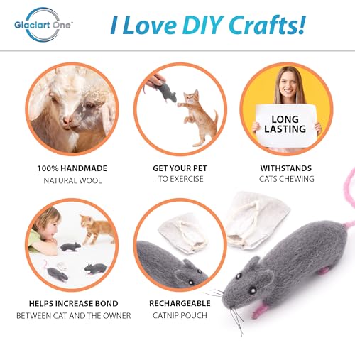 Glaciart One Felt Cat Rat Toy – Soft Fuzzy Enrichment 100% Natural Wool - Interactive Catnip Play Cat Toy Set - Safe for Pets, Non-AZO Colored Dyes - color: Rat