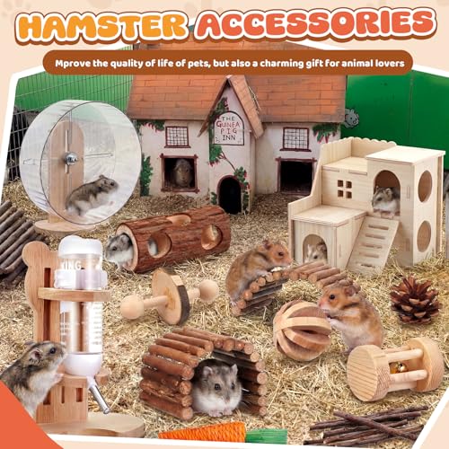 18 Pcs Hamster Cage Accessories, Silent Hamster Wheel 15 Toys Set - style: Natural Log Style