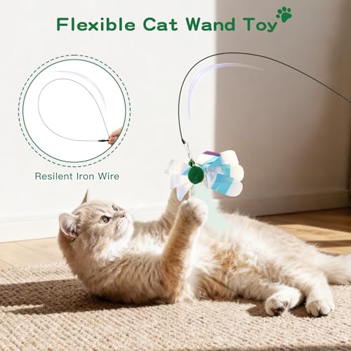 Pawaboo Cat Feather Wand Interactive Toy, 2 Feathers + 1 Wand with Bell - color: Green Butterfly