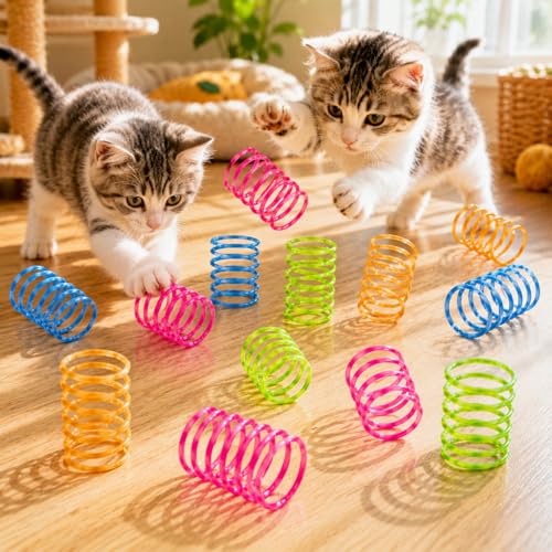 12Pcs Cat Spring Toy Set, Interactive Spiral Pet Play Accessories Pack, for Indoor Outdoor Activity Entertainment Use - color: 3Red,3Blue,3Green,3Yellow, size: 12P