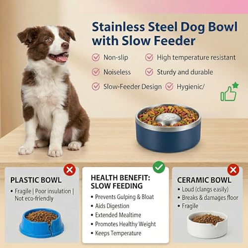 Stainless Steel Slow Feeder Dog Bowl, Heavy Duty Thickened Metal Dog Bowl, Non-Slip Base, Dishwasher Safe, Anti Gulping Feeding Bowl for Small to Medium Dogs & Cats, 56 oz, Dark Blue - color: Dark blue