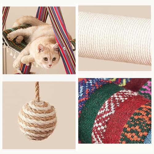 SHENGOCASE 3-Tier Modern Boho Style A Frame Wooden Cat Tree Tower Ladder with Multi-Level Bed Hammock for Large Cat and Sctatching Post, Hanging Toy Ball (Boho) - color: Boho