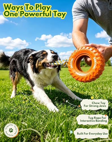 Dog Chew Tire Toy, Natural Rubber Puppy Teething Toy-Tether 6.3'' Orange - color: Orange+Rope