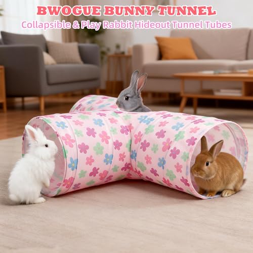 BWOGUE Bunny Tunnels & Tubes, 3-Way Collapsible Rabbit Hideout for Bunnies - color: Pinkflower