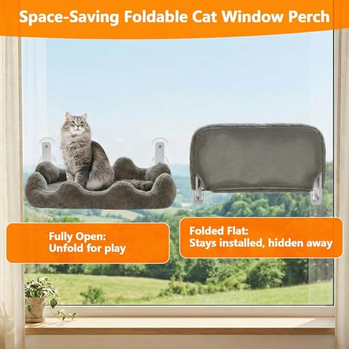 Homegroove Cat Window Perch, 24 x 12 Inch Foldable Cat Hammock for Window with 4-Sided Bolster & 4 Large Suction, Cloud Shape Cordless Window Bed for Indoor Cats (Gray, Large(24'' x 12'')) - color: Gray
