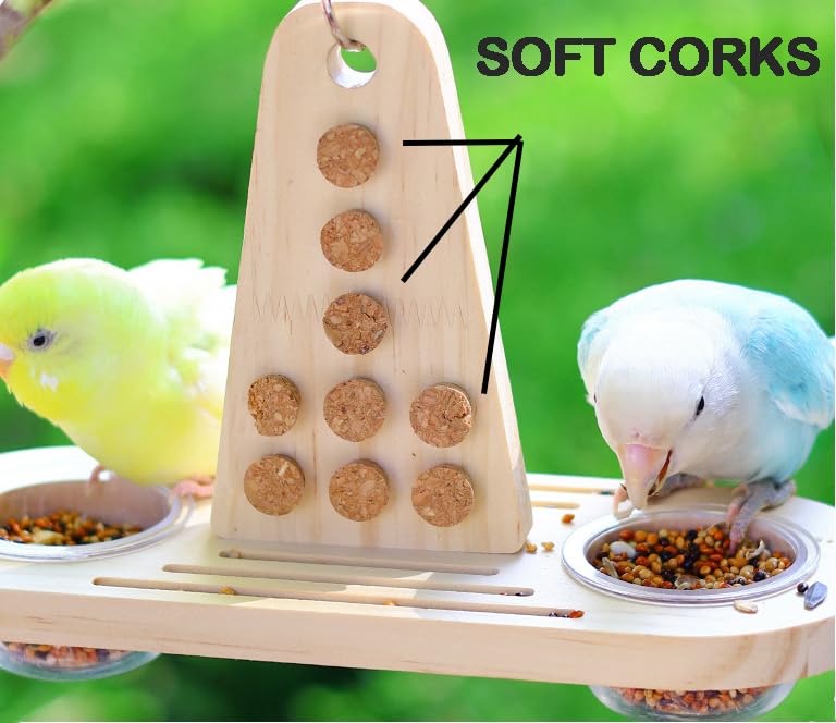 Bird Feeding Dish 2pcs Cups Bowl Clamp Holder Coop Cup, with Foraging Smart Toy 9pcs Soft Corks for Small to Regular Size Parrot Cockatiel Birds