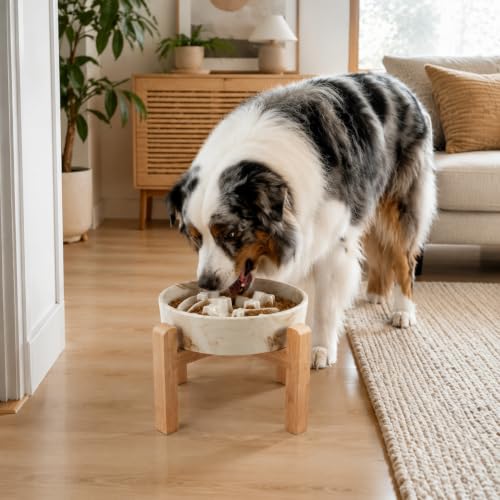 Elevated Ceramic Slow Feeder Dog Bowls Anti-Choking Slow Feeding for Medium& Large Anti-Slip Non-Lead & Toxic Durable Easy to Clean Maze Slow Feeder Bowl（8.66in Marble Brown Stars Pattern） - color: Marble Brown Stars Pattern, size: 3.6Cup