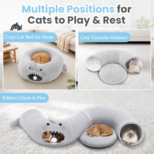 Baseola Fuzzy Cat Tunnel Bed for Indoor Cats, 2-in-1 Interactive Cat Toys - color: Grey Shark