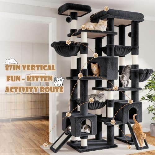 SHA CERLIN 87 in Multi-Level Tall Cat Tree Tower for Large Cats/Extra Wide Feline Activity Center/Sisal Scratching Posts/Wide Base/Cozy Plush Perches/Baskets/Hammocks/Toy Balls/Dark Grey - color: Dark Grey
