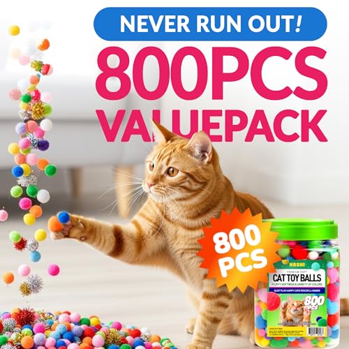 HA SHI 800pc Cat Pom Pom Balls in Jar - 0.4-1.2in Soft Quiet Cat Toys - color: 800pcs