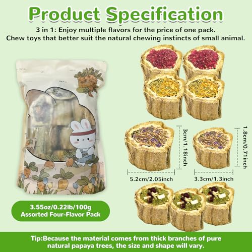 100g Rabbit Chew Toys for Bunny,4 Varieties Natural Papaya Wood Chew Treats with Organic Alfalfa Hay, Dried Carrot, Apple and Sweet Potato for Rabbits Guinea Pigs Hamsters Chinchillas Gerbils