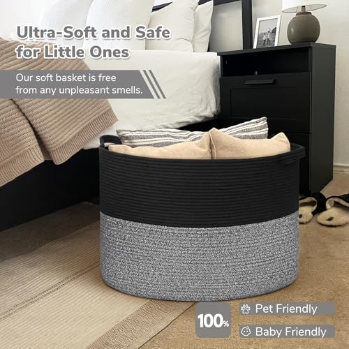 INDRESSME 115L Extra Large Woven Rope Blanket Basket Living Room Black Grey - color: Black & Grey, size: 23.6"D x 15.7"H