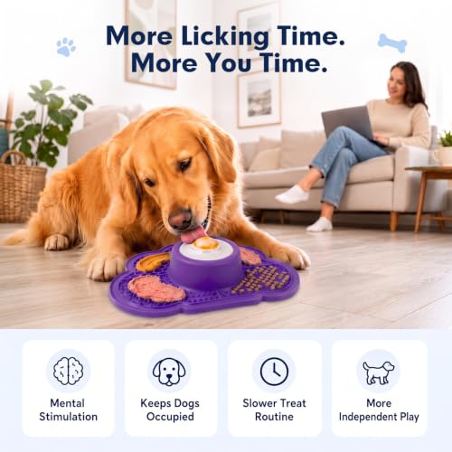 Anti-Slip Slow Feeder Dog Bowl and Lick Mat with Rolling Ball - color: Purple
