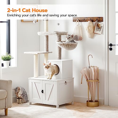 HOOBRO Cat Tree Tower with Litter Box Enclosure for Indoor, Wooden Cat Condo with Scratching Posts, Litter Box Furniture Hidden, All-in-One Cat House, White WT15MZ03 - color: White