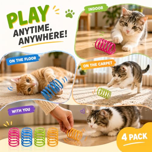 4Pcs Cat Spring Toy Set, Interactive Spiral Pet Play Accessories Pack, for Indoor Outdoor Activity Entertainment Use - color: Red,Blue,Green,Yellow, size: 4Pcs