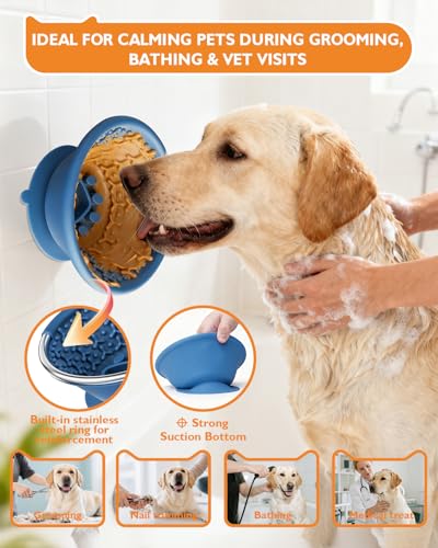 Dog Lick Bowl, Non-Slip Slow Feeder Licking Mat & Treat Dispenser (Wide Bowl Mouth w/Inlaid Stainless Steel Ring) - Interactive Toys, Anxiety Reducer, Freeze Bone for Dogs, BPA Free Silicone(Blue) - color: blue