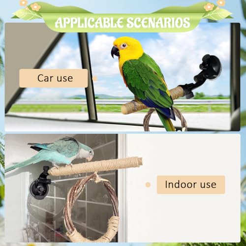 La La Pet Suction Cup Bird Perch Swing and Ring Set Sucker Bird Standing Rack Multifunctional Wooden Parrot Toy for Small and Medium Birds Cockatiel Parakeet Lovebirds Large