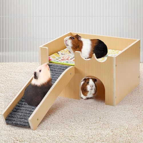MEWTOGO Upgraded Sturdy Wooden Guinea Pig Castle with Stairs & Mat - size: Small