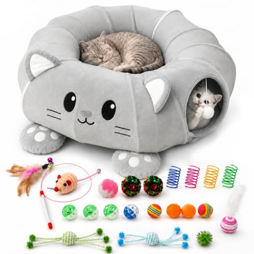 Cat Tunnel Bed with 21 Interactive Toys - color: Grey, Kitten Pattern