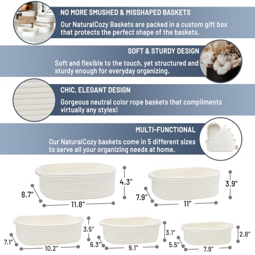 NaturalCozy 5-Piece Rectangle Storage Basket Set- Natural Cotton Rope Woven for Organizing! Small Basket for Montessori, Baby Nursery, Dog Toy Baskets, Cat Toy Box, Bathroom Organization Bin - color: Off White