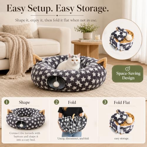 Large Cat Tunnel Bed Under Christmas Tree with Fluffy Toy Balls, Small Cushion and Flexible Design- 10 inch Diameter, 3 ft Length- Great for Cats, and Small Dogs, Gray Star Pattern - color: Gray Star, size: Tunnel Bed