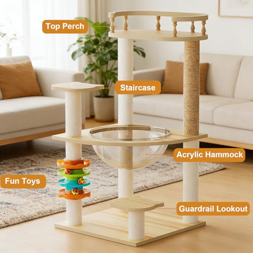 32.2" Modern Wood Cat Tree Tower for Indoor Cats, Multi-Level Cat Condo with Acrylic Hammock, Sisal Scratching Post, Top Perch & Toy, Small Cat Activity Tree for Small & Large Cats - color: Style E