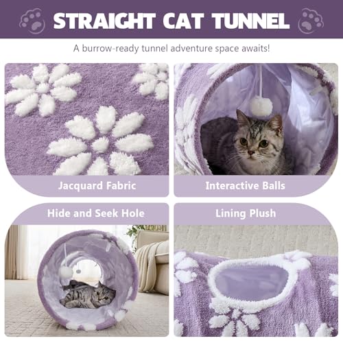 Straight Cat Tunnel for Indoor Cats 47"x12", Purple Flower - color: Purple Flower, size: Straight