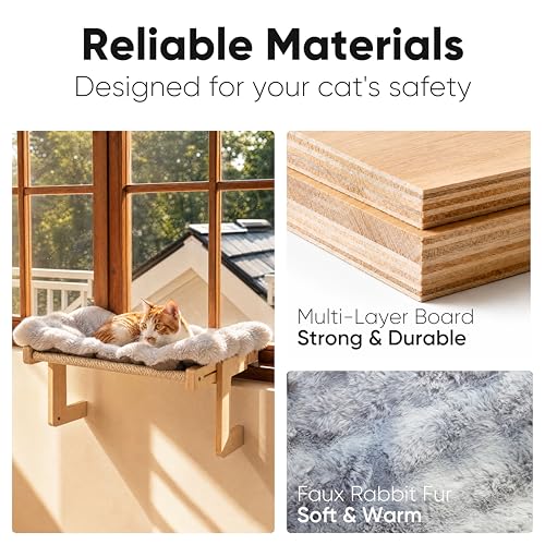 FUKUMARU Cat Window Perch, Sturdy Wood Hammock Window Bed for Indoor Cats - color: Grey