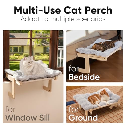FUKUMARU Cat Window Perch, Sturdy Wood Hammock Window Bed for Indoor Cats - color: Grey