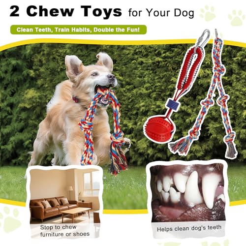 Outdoor Tug of War Dog Toy, Tether Interactive Dog Tug Toy Backyard Heavy-Duty Dog Solo Play Exercise Toy for Large Medium Dogs, Height Adjustable, 2 Rope Toys