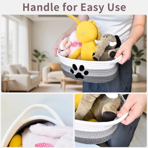 Small Woven Dog Toy Basket with Handle, Cute Paw - color: 3 Color-White Grey