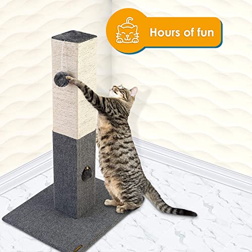 Pawbee 32" Cat Scratching Post with Jingle Bell and Softball, Sisal Rope Tower for Indoor Adults Large Cats, Gray & Beige - color: Gray & Beige