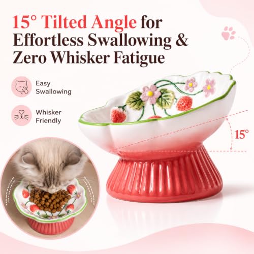 Ceramic Slow Feeder Cat Bowl, Cute Strawberry Elevated Cat Bowl for Wet & Dry Food, Raised Ceramic Cat Food Bowl with Whisker-Friendly Wide Shallow Design, Slow Feeder for Slower Eating
