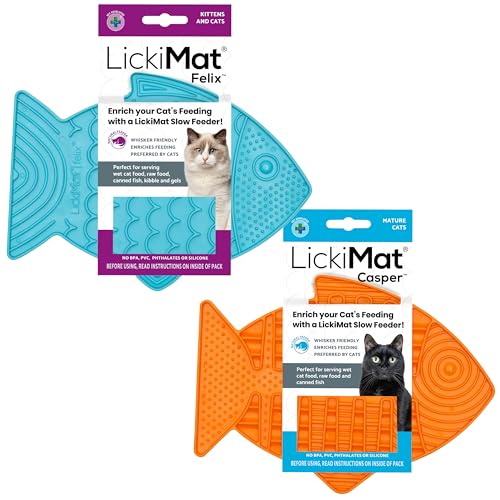 Lickimat Casper & Felix, Fish-Shaped Cat Slow Feeders Lick Mat, Boredom Anxiety Reducer; Perfect for Food, Treats and Anxiety Reduction. (Orange & Turquoise) - color: Orange & Turquoise