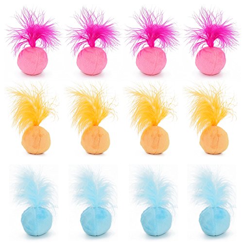 Furry Rattle Ball Cat Toy with Feather and Catnip - Interactive Pom Pom Balls for Cats, Soft and Lightweight, 2 Inch, 12 Pack. - size: 12 Pack