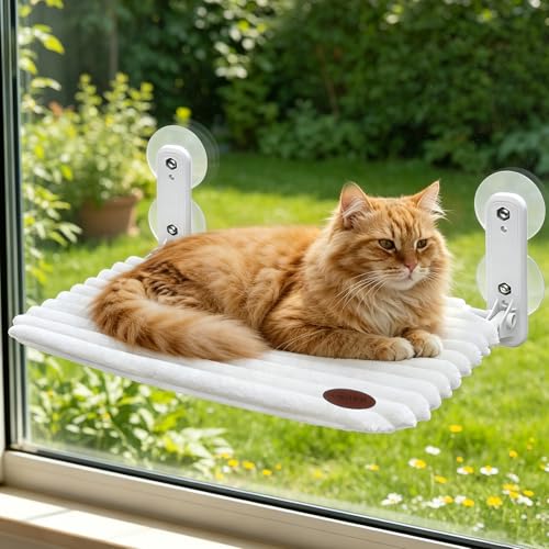 Woochpet Cat Window Perch Bed,Foldable Kitty Windowsill Hammock Shelf Seat,Kitten Window Sill Lounger with Soft Rabbit Fur Cover Cushion Machine Washable,Solid Metal Frame and Strong Suction Cups - color: White-Small