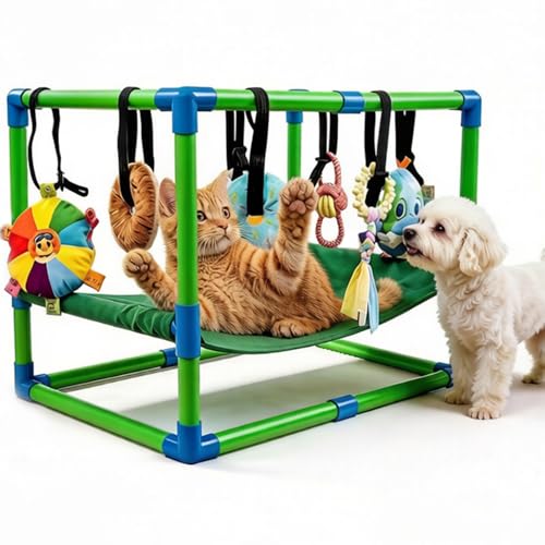 Puppy Play Gym with Hammock 8 Hanging Toys, Dog Jungle Gym Indoor Pets Cats Toys, Teething Chew Toys Puppy Gym Activities Center for Cats Adjustable Playground for Small Dogs at Home PVC Frame