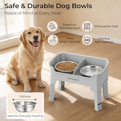 URPOWER Mess Proof Elevated Dog Bowls, Splash Guard Raised Bowl Stand - color: Light Grey, size: Medium