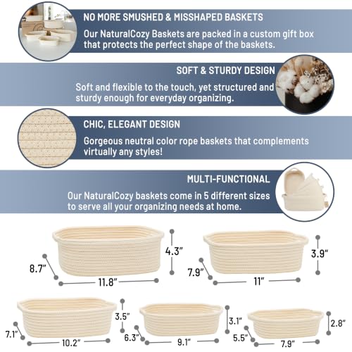 NaturalCozy 5-Piece Rectangle Storage Basket Set- Natural Cotton Rope Woven Baskets for Organizing! Small Basket for Montessori, Baby Nursery, Dog Toy Baskets, Cat Toy Box, Bathroom Organization Bin - color: Beige
