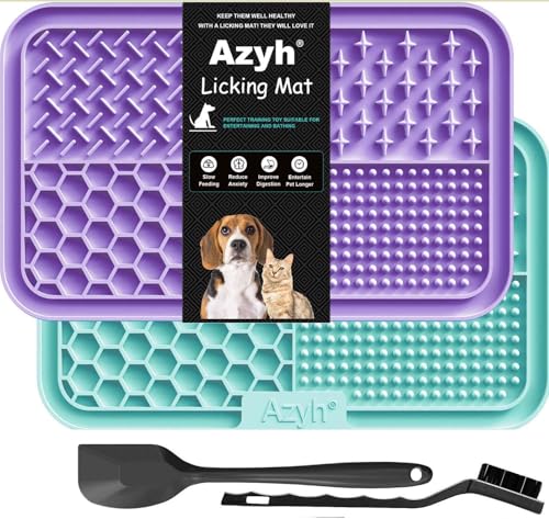Azyh Licking Mat for Dogs & Cats 2 Pack, Slow Feeder Lick Pat for Large Dogs and Puppies, Anxiety Relief Dog Toys Feeding Mat for Butter Yogurt Peanut, Pets Bathing Grooming Training Mat (9.9'' × 6'') - color: Cyan&Purple