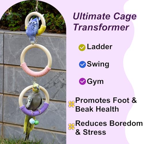 3-Ring Bird Wooden Swing with Bell Climbing Toy Chewable Cotton Rope Perch