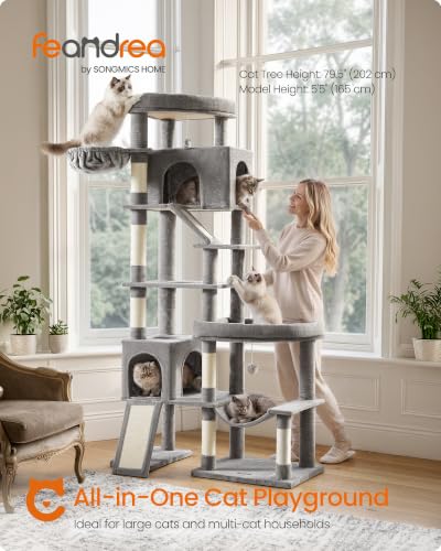 Feandrea Large Cat Tree, 79.5" Tall Sturdy Cat Tower for Indoor, Dove Gray - color: Dove Gray, size: 41.3"L x 17.7"W x 79.5"H